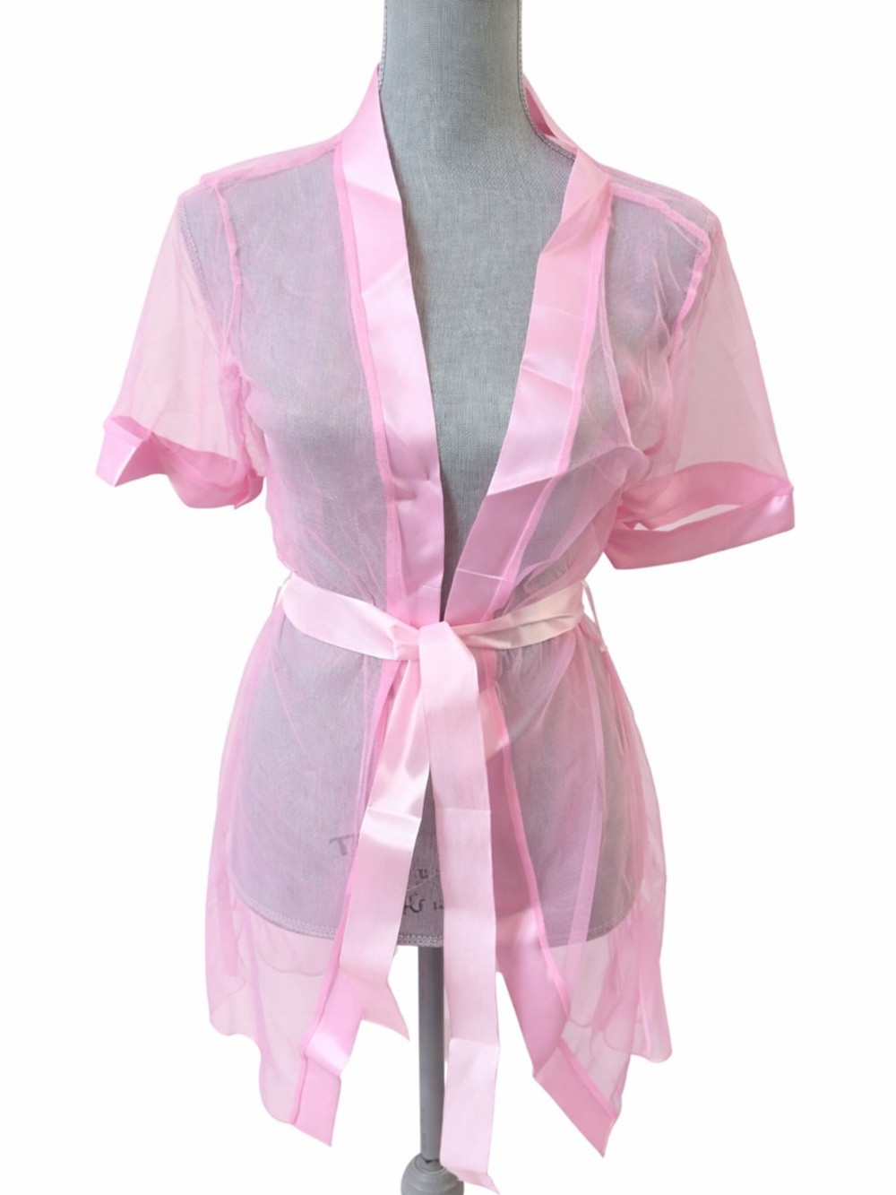 Penthouse Sheer Pink Mesh Robe Satin Trim Tie Belt NWOT S-L